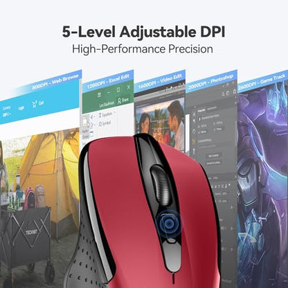 TECKNET Wireless Mouse, 2.4G Ergonomic Computer Mouse, 2600 DPI, Red | Ergonomic Design with Side Grips, Adjustable DPI, 2-Year Battery, Compact Size, USB-A Plug & Play, Wide OS Compatibility - color: Red