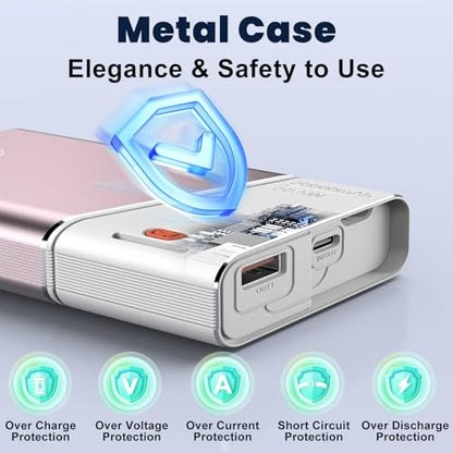 Aaoyun Portable Charger Power Bank, 20000mAh 22.5W PD Fast Charging Powerbank with Built-in USB C Cable, External Phone Battery Pack for iPhone 17/16/15 Samsung S24 Android etc, Pink - color: Pink-20000mah