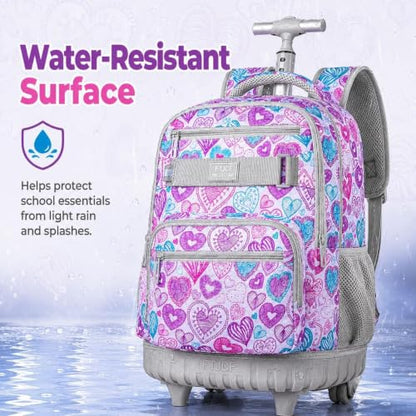 3Pcs Rolling Backpack for Girls Women, Travel Roller Backpacks with Wheels for Adults, Teens College Love Wheeled Bookbag with Lunch Box(Ash Powder) - color: Love Grey