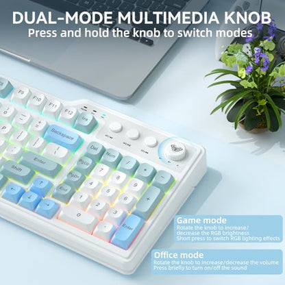 Aula F3099 Wireless Keyboard with Media Knob, Tri-Mode BT5.0/2.4GHz/USB-C Cute Creamy Keyboard with Number Pad, RGB Backlit Gaming Keyboard, Quiet Typing Computer Keyboards for Office Laptop/PC