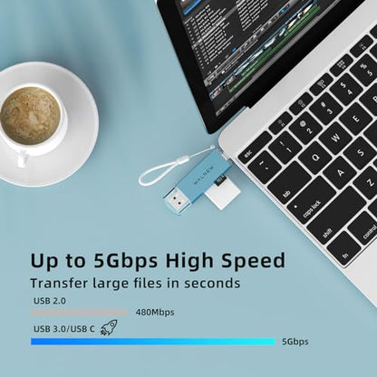 WALNEW SD Card Reader, USB 3.0 & USB-C SD/TF Memory Card Adapter | Supports UHS-I SD/SDHC/SDXC/MicroSD, Compatible with MacBook, PC, iPad, iPhone 15, Samsung Galaxy Android - color: Blue
