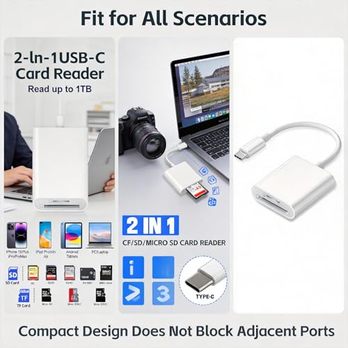 USB C SD Card Reader, 2-Slot Type C Memory Card Reader for SD/MicroSD Cards, Trail Camera Viewer Compatible with iPhone 15 16, iPad, MacBook, Android OTG Devices, Plug & Play