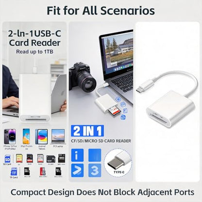 USB C SD Card Reader, 2-Slot Type C Memory Card Reader for SD/MicroSD Cards, Trail Camera Viewer Compatible with iPhone 15 16, iPad, MacBook, Android OTG Devices, Plug & Play