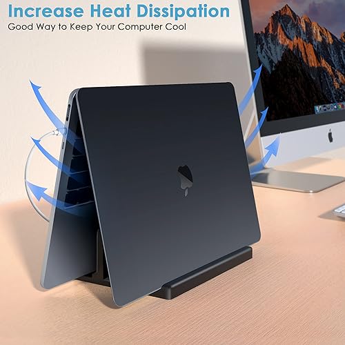 Vertical Laptop Stand [New Version: Two More Rubber Pads & Hex Key Storable Design] ABS Plastic Adjustable Dock up to 15 inch PC Desk Space Saver for MacBook/Surface/iPad/Mini PC (Black) - color: Black