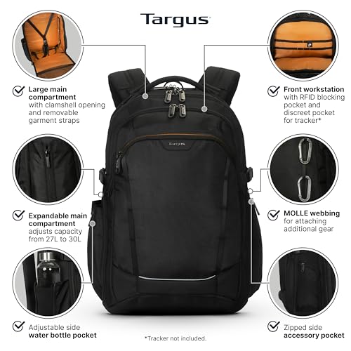 Targus 17” Voyager EXP Travel Backpack, Expandable 27L–30L Laptop Backpack, TSA Checkpoint-Friendly, Water-Resistant, RFID-Blocking Pocket, Fits Up to 17 Inch Laptop, Carry-On Size, Black - TBB664GL