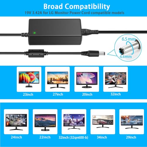 DC 19V Compatible for LG Monitor Power Cord UL Certificates, Replacement for 19Volt LG TV Power Supply 34" 32" 29" 27" 24" 23" 22" 20" 19" LED LCD Widescreen Ultrawide HDTV HD TV AC Power Adapter.