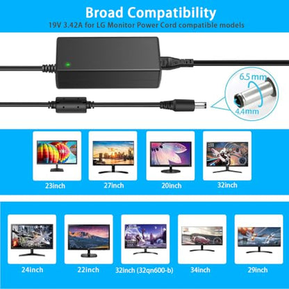DC 19V Compatible for LG Monitor Power Cord UL Certificates, Replacement for 19Volt LG TV Power Supply 34" 32" 29" 27" 24" 23" 22" 20" 19" LED LCD Widescreen Ultrawide HDTV HD TV AC Power Adapter.