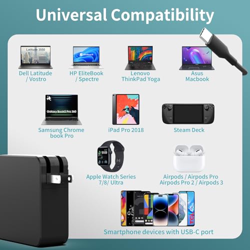 65W USB C Laptop Charger for Home Office Travel, PD Adapter with Foldable Plug & Lengthened Cable, Type C Fast Charger Compatible with MacBook, Dell XPS, Lenovo ThinkPad, HP, Huawei MateBook and More