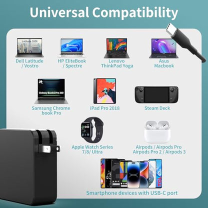 65W USB C Laptop Charger for Home Office Travel, PD Adapter with Foldable Plug & Lengthened Cable, Type C Fast Charger Compatible with MacBook, Dell XPS, Lenovo ThinkPad, HP, Huawei MateBook and More