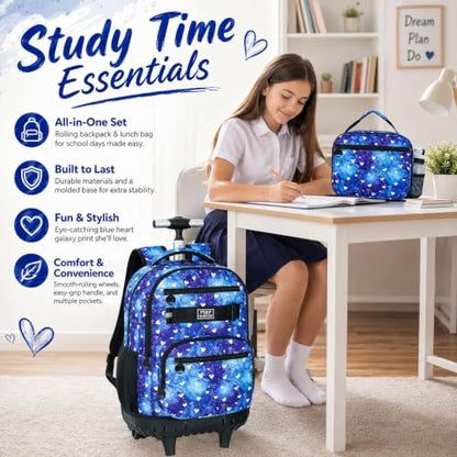 3Pcs Rolling Backpack for Girls Women, Travel Roller Backpacks with Wheels for Adults, Teens College Love Polka Dots Wheeled Bookbag with Lunch Box(Blue) - color: Blue