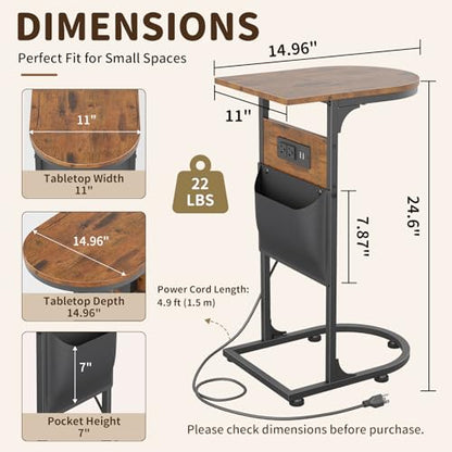 C Shaped End Table with Charging Station, Small Side Table for Couch, C Table Slides Under Sofa with Storage Bag, TV Tray Table for Recliner, Living Room, Bedside, Bedroom, Small Spaces, Rustic Brown - color: Charging Station Rustic Brown