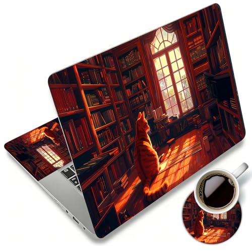 Laptop Skin Sticker Decal 12"-15.6" Universal Laptop/Notebook/Netbook Vinyl - Waterproof Scratch Resistant,Fits HP Dell Lenovo MacBook,2 Free Wrist Pads,Easy Apply & Remove,Cat Bookshelf Red - color: Cat Bookshelf Red