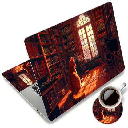 Laptop Skin Sticker Decal 12"-15.6" Universal Laptop/Notebook/Netbook Vinyl - Waterproof Scratch Resistant,Fits HP Dell Lenovo MacBook,2 Free Wrist Pads,Easy Apply & Remove,Cat Bookshelf Red - color: Cat Bookshelf Red