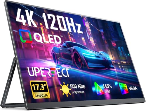 UPERFECT Portable Monitor 4K 120HZ QLED 17.3" | 0.1ms Gaming Monitor, 500 Nits | 3840 * 2160 UHD |100% DCI-P3 | USB-C & HDMI | VESA & Stand | Travel Screen for Laptop, Computer, Game Consoles - size: 17.3"