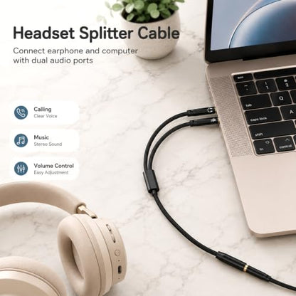 3.5mm Female to 2 Dual Male 3.5mm Audio Splitter, 2-in-1 Y Separator | 3.5 mm Aux Jack Cable 1 in 2 out, Headphone Mic Splitter for PC, Headset Jack Adapter Cable Dongle Cord for Phone, Laptop