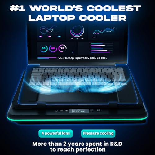 KLIM Turbofrost Gaming Laptop Cooling Pad, 16,000 RPM, RGB, USB-C/DC | 4 turbo fans, aircraft-grade aluminum, anti-dust, dual USB-C/DC power, 3 extra USB ports, up to 17.3in, Full Black