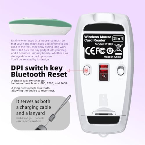 FMOUSE Compact 2-in-1 Wireless Bluetooth Mouse & Micro SD Card Reader | 8GB Card Included | Rechargeable | 3.07×1.49×0.87in | Compatible with Laptop Mac iPad Tablet | Office & Students | Green - color: Green / With 8GB TF Card