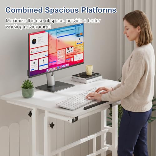 VECELO Mobile Small Standing Desk Adjustable Height, Computer Workstations with Tiltable Tabletop, Lockable Wheels, Portable Rolling Laptop Desk for Home Office, White - color: White