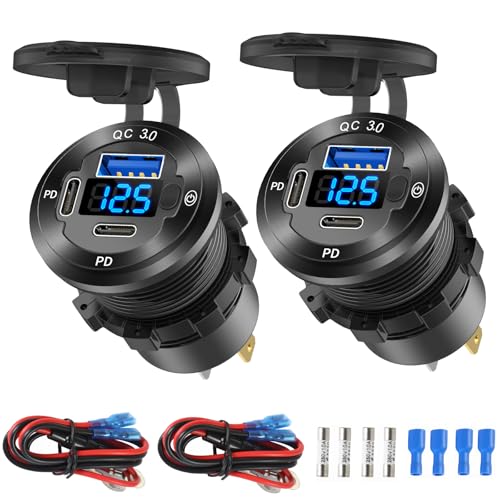 2 Pack 12V USB Outlet 3 Port Car Charger Socket, 78W Dual PD USB C 30W and Quick Charge3.0 Port Aluminum Charger Waterproof with Voltmeter and Button Switch for Boat Marine Motorcycle RV Truck, etc - color: Pack of 2