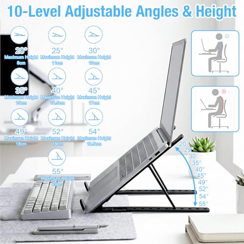 Marte Vanci Laptop Stand for Desk, Portable Computer Riser with 10 Adjustable Levels, Foldable Notebook Holder Ergonomic Ventilated Cooling ABS Computer Stand for Laptops Tablets Black - color: Black