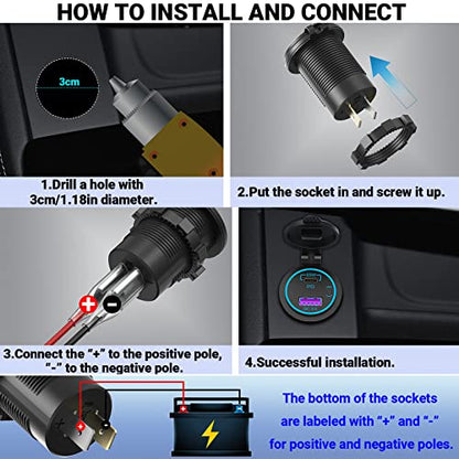 83W 12V USB Outlet Laptop Charger: 2 Pack 65W USB-C PD3.0 and 18W QC3.0 Multi Car Port 12V Socket Waterproof with Power Switch for Car Boat Marine Bus Truck Golf Cart RV Moto, etc.