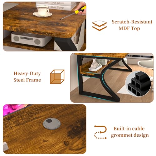 55'' Computer Desk Home Office Desk, Modern Computer Desk w/U Shaped Metal Frame, Storage Shelves, PC Table Study Writing Desk Workstation for Home Office (55inch/Brown) - size: 55inch/Brown