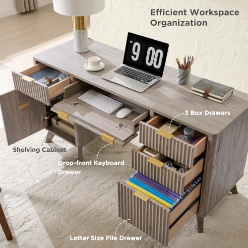 T4TREAM Fluted Executive Desk with Drawers, 60" Modern Home Office Computer Desk with Charging Station, File Cabinet, Keyboard Tray and Storage Cabinet for Study, Living Room, Bedroom, Alder Grey - color: Alder Grey