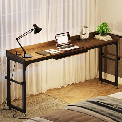 Tribesigns Height Adjustable Overbed Table with Wheels, Queen Size Over Bed Desk with Adjustable Tilt Stand, Mobile Laptop Cart Computer Desk with Outlets & USB Ports (Dark Gray) - color: Dark Gray