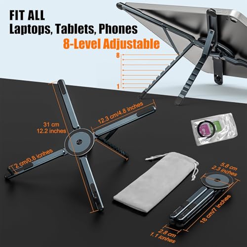 Portable Laptop Stand, 3-in-1 Magnetic Foldable Adjustable, for Desk（Gray） | Aluminum alloy, lightweight compact, 8-level height, ergonomic, for phone/tablet, home office/travel - color: E05-Silver
