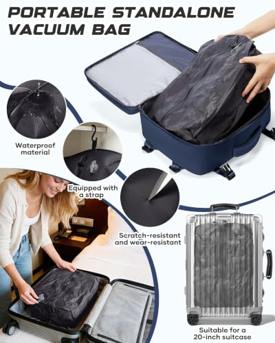 Travel Backpack for Women Men with Compression Vacuum Storage Bag & Electric Pump, Flight Approved Carry On Backpack, Frontier Spirit Airlines Personal Item Bag 18x14x8, Navy Blue - color: Navy Blue