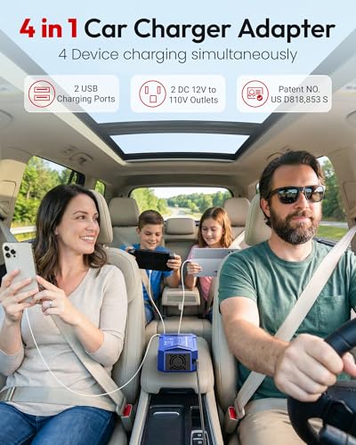 BESTEK Pure Sine Wave Power Inverter, 300W DC 12-17V to 110V AC Car Adapter | Vehicle Plug in Cigarette Lighter Outlet Solar Inverter, 4.8A Dual USB Fast Charging Ports for Phone, Laptop, CPAP(Blue) - color: Blue
