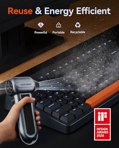 WOLFBOX MF100 Compressed Air Duster, 150000RPM Turbo Fan, 45 m/s Airflow | 3-Gear Adjustable Speed, Type-C Fast Charging, Lightweight 0.66 lb, 5 Nozzles & 2 Brushes, For Computer Keyboard Car Outdoor