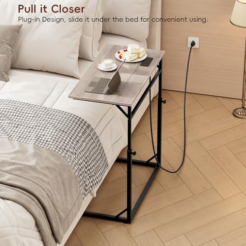 C Shaped End Table with Charging Station, C-Table End Table Adjustable Height Side Table for Couch, Large Couch Table, Slide Under Couch Table TV Tray Table for Sofa,Living Room,Bedroom, Grey - color: Greige, style: With Plug