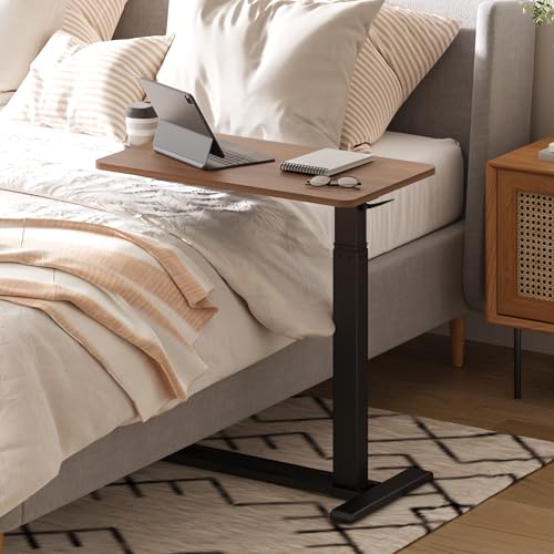 28'' Medical Overbed Bedside Table with Wheels,Rolling Table | 28''x16'' Mahogany Pneumatic Tilting Desktop,Overbed Bedside Table with Hidden Casters for Hospital Use - color: Mahogany, size: Small