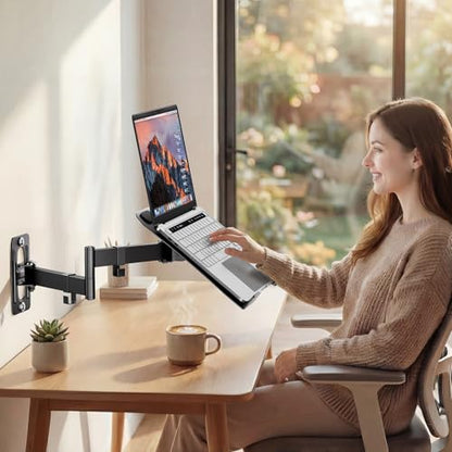 PUTORSEN 2-in-1 Laptop Wall Mount for 10-17" Notebooks & 32" Screens | Full Motion Adjustable Laptop Arm with Detachable Tray, Holds 4.4-19.8 lbs, Swivel & Tilt, Easy to Install, Black