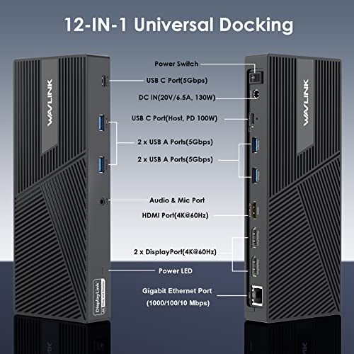 WAVLINK Docking Station 3 Monitors, 12-in-1 DisplayLink Docking Station with 100W PD Charging Triple 4K@60Hz HDMI+DP Gigabit Ethernet 5Gbps USB 3.0 Audio for Dell/HP/Lenovo/MacBook Neo