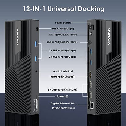 WAVLINK Docking Station 3 Monitors, 12-in-1 DisplayLink Docking Station with 100W PD Charging Triple 4K@60Hz HDMI+DP Gigabit Ethernet 5Gbps USB 3.0 Audio for Dell/HP/Lenovo/MacBook Neo