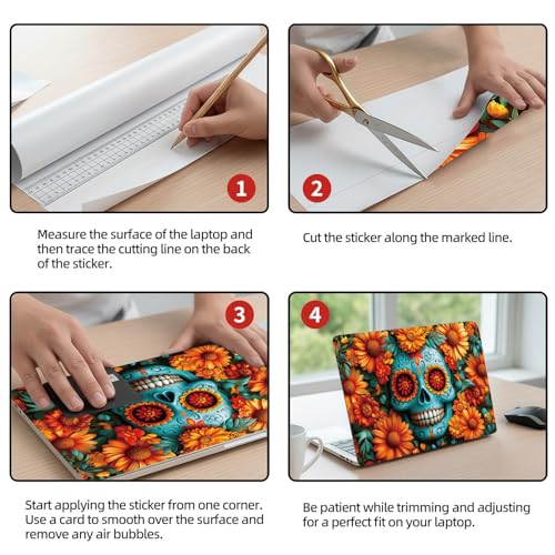 Universal Laptop Skin Sticker Decal, 12"-15.6" Aesthetic Vinyl Wrap, Teal Sugar Skull Flowers Waterproof Notebook Cover Art Protector for MacBook HP Dell Lenovo, Fits 13" 14" 15" 15.6" - color: Teal Sugar Skull Flowers