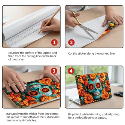 Universal Laptop Skin Sticker Decal, 12"-15.6" Aesthetic Vinyl Wrap, Teal Sugar Skull Flowers Waterproof Notebook Cover Art Protector for MacBook HP Dell Lenovo, Fits 13" 14" 15" 15.6" - color: Teal Sugar Skull Flowers