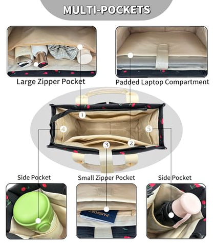 Large Canvas Tote Bag for Women Work Tote Bags with Pockets Laptop Crossbody Purses Everyday Bag Handbags for Travel - color: New Upgrade Plus Cherry Black