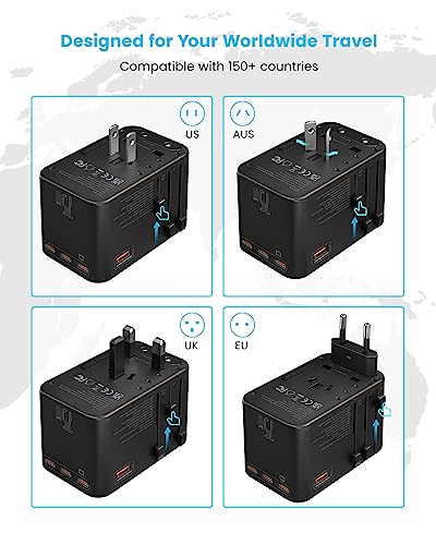 Universal Travel Adapter, VINTAR 75W GaN International Power Adapter with 3 USB C PD and 2 USB A QC, All in One Travel Essentials for UK/EU/USA/AUS, Travel Adapter Worldwide for Laptops Tablets Phones - color: 75W Black