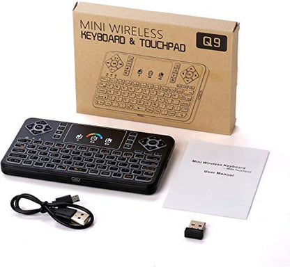 Q9 Mini Wireless Keyboard with Touchpad - Colorful Backlit Small Rechargeable Remote Keyboard for PC, Raspberry Pi 4, Android TV Box, KODI, Windows 7 8 10