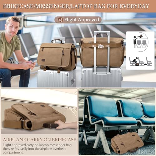17.3 Inch Messenger Bag for Men: 2PCS Laptop Bag PU Leather Canvas Work Briefcase Large Office - color: Canvas Brown Khaki
