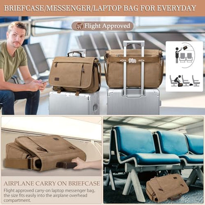 17.3 Inch Messenger Bag for Men: 2PCS Laptop Bag PU Leather Canvas Work Briefcase Large Office - color: Canvas Brown Khaki