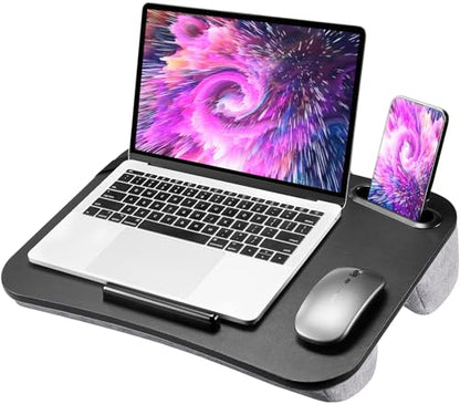 HUANUO Laptop Lap Desk, Fits up to 15.6-Inch Laptops and Tablets, Portable Lap Desk with Cushion, Phone Holder and Storage Bag, Black Lapdesk for Home Office or Dormitory