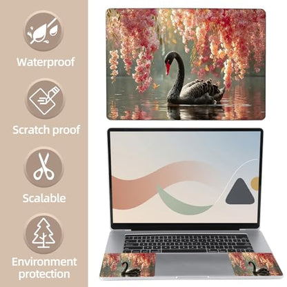 Universal Laptop Skin Sticker for 12/13/14/15.6 Inch Laptops, Reusable Vinyl Laptop Decal Cover, Waterproof Scratch Resistant Notebook Skin with 2 Wrist Pads,Black Swan & Cherry Blossoms - color: Black Swan & Cherry Blossoms