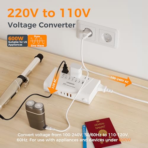 TESSAN 600W Pure Sine Wave 220V to 110V Voltage Converter US to Europe | Universal Travel Adapter, 4 USB Ports, PD 35W QC 30W, EU/UK/AU/IT/India Plug Power Converters, Step Down Transformer