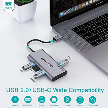 QGeeM 7 in 1 USB 3.0 Data Hub Adapter in Aluminum Dongle with USB to HDMI Adapter 1080p Output,3 USB Ports,USB-C Data Port,SD/Micro Card Reader, Compatible with Windows, Mac, Android