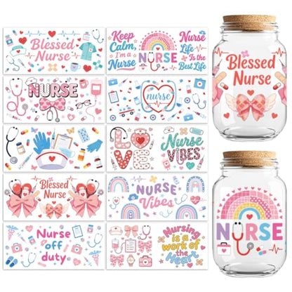 Peacoblue UV DTF Cup Wraps Transfer Stickers Nurses' Day Medical Theme Pattern, 10 Sheets Waterproof Custom Vinyl Transfer Sticker 16oz Coffee Glass Cup Tumbler Bottle Mug Decals for Men Women - style: Nurses' Day Medical Theme