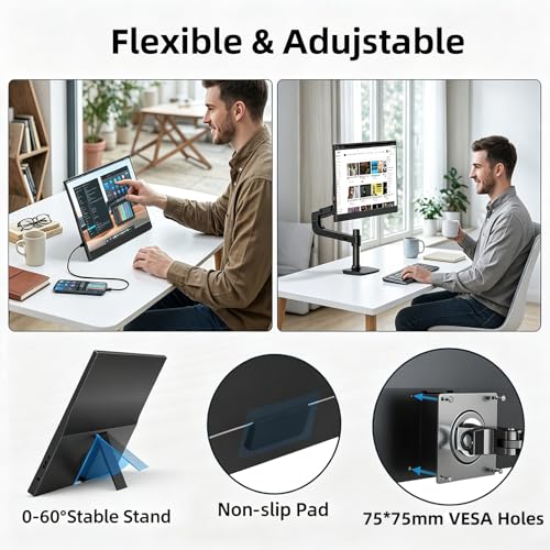 15.6'' Portable Monitor Touchscreen 10 Point 1080P IPS External Touchscreen Monitor for Laptop, USB-C HDMI Second Portable Screen Travel Monitor with 2 Speakers VESA for Mac Window PC Phone PS5（Touch）